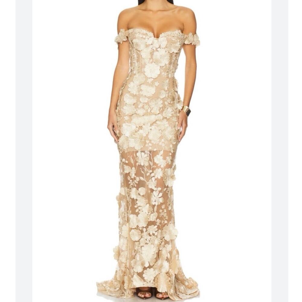 NWT Bronx and Banco Jasmine 3D Floral Off Shoulder Maxi Gown Gold Size S - Picture 10 of 16